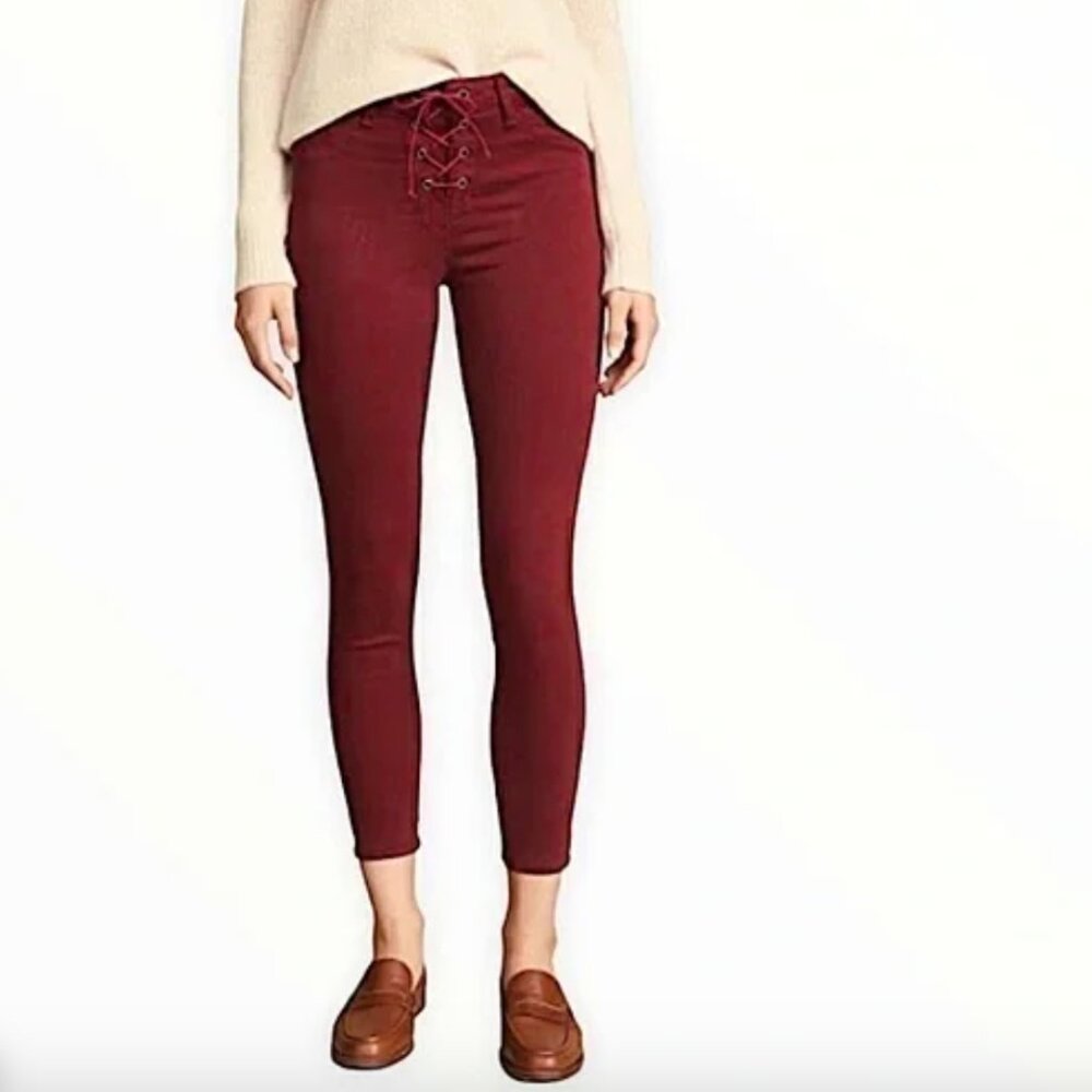 L’AGENCE Cherie Front Lace Up Skinny Jeans, Maroon, Size 28 NWOT